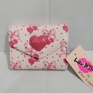 NEW! Betsey Johnson Pink Bifold Flap Wallet Cherry, Bows & Heart All Over Print